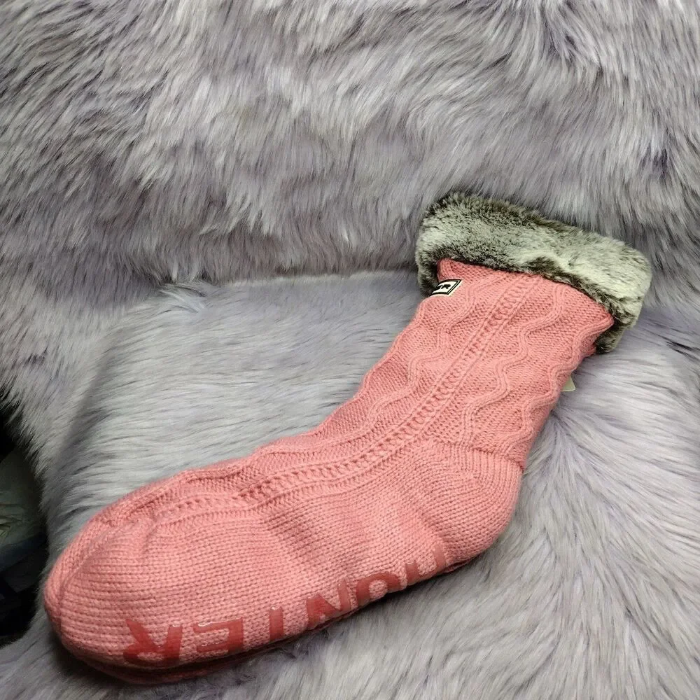 New Hunter Slipper No Slip Socks Pink Faux Fur Knit Brown Gray Sz OS One Size
